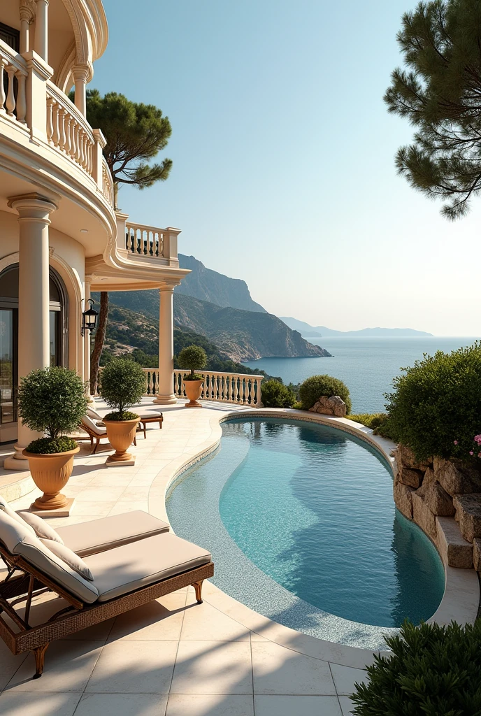 (masterpiece:1.2, Highest quality, Ultra-high resolution, Very detailed, Realistic, RAW Photos:1.2, Elaborate photos), 8k, wallpaper, (Ray Tracing), French Riviera mansion, (Spacious terrace with ornate balustrades, Elegant outdoor seating with plush cushions, Infinity pool with a mosaic tile edge, Sculpted topiaries, Flower-filled urns, Mediterranean Sea in the background), A photo that embodies the luxurious lifestyle of the French Riviera, with the terrace adorned with elegant lanterns, potted olive trees, and chic decor, offering breathtaking views.