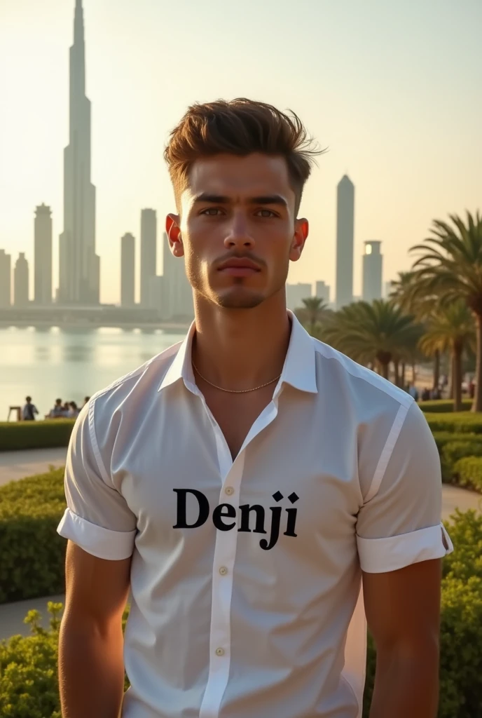 A 20-year-old young boy will stand in a beautiful place in Dubai and he will be handsome man. His shirt will have DENJI written on it.