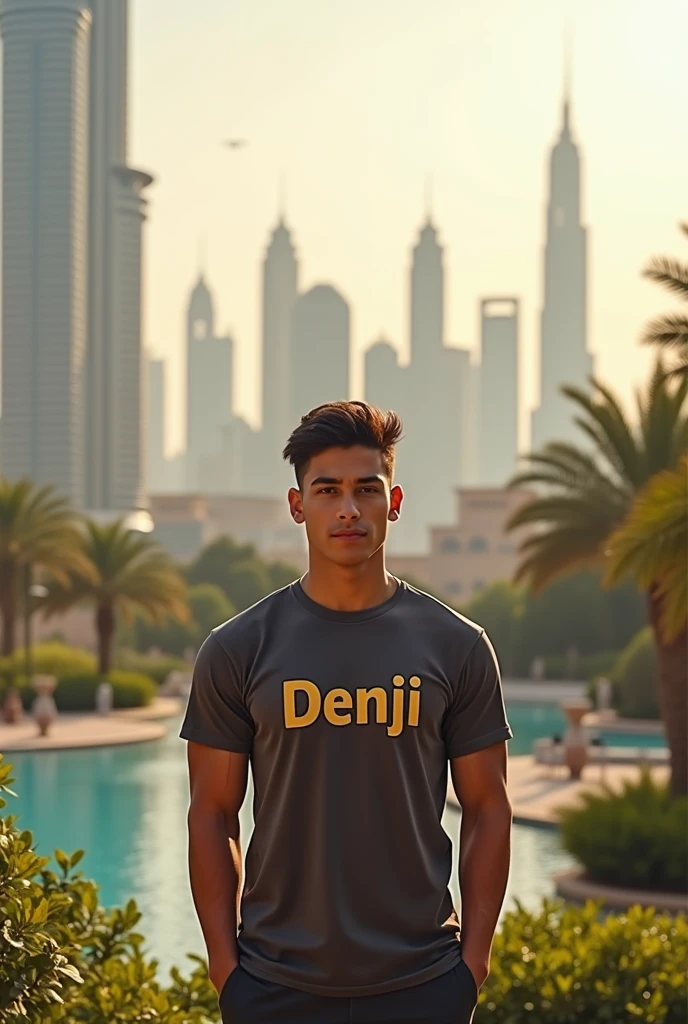 A 20-year-old young boy will stand in a beautiful place in Dubai and he will be handsome man. His shirt will have DENJI written on it.
