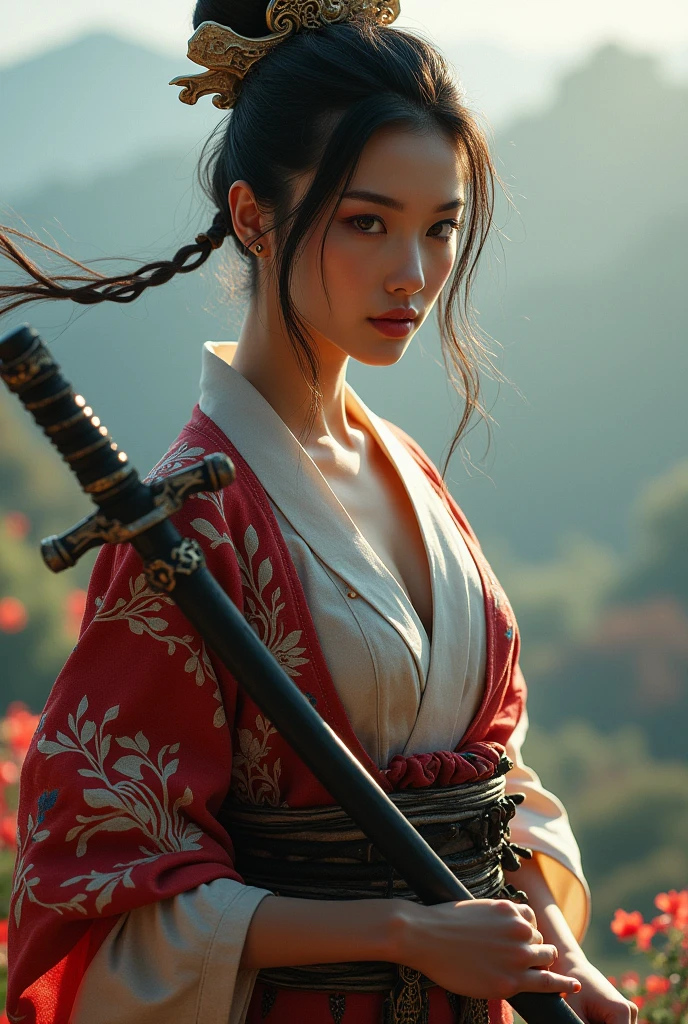 samurai woman, ((work of art, highest quallity, A highest quallity de imagem, high resolution, photorrealistic, CRU photo, 8k)), ((Extremely detailed 8k unified CG wallpaper)), (huge stunning photo of goddess, Very hot and sexy, jaw dropping beauty, perfect proportions, Body cute, Slim Body Beauty:1.4),