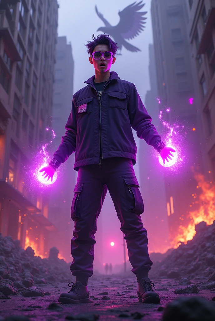 a man real teenage chinese man.(purple glasses) sharp eyes. Anger face. Open mouth. . wearing an (dark purple )((future shirt cyberpunk dress urple)) . anger face.wavy hairstyle purple. Dramatic.. stand on lava ,(dark purple)street wear .cargo pant,, detailed face, cinematic lighting, dramatic atmosphere,.hot day. vibrant colors, 8k, high quality, photorealistic. Hero suit.shadow power dark power from his hand. Glowing magic element shadow elment from hand, ember everywhere . Glowing dark purple, shadow logo design on pant . Very strong. Future design dress. Very epic. Very hot background.. dark sky. Very strong . fire very strong . Flying burn dry leave everywhere..Shadow Imitation sharp shape power from hand .rasengan . at volcano Damage building. Floating small rock everywhere. Shadow Imitation Technique.(( shadow eagle background red eyes))
