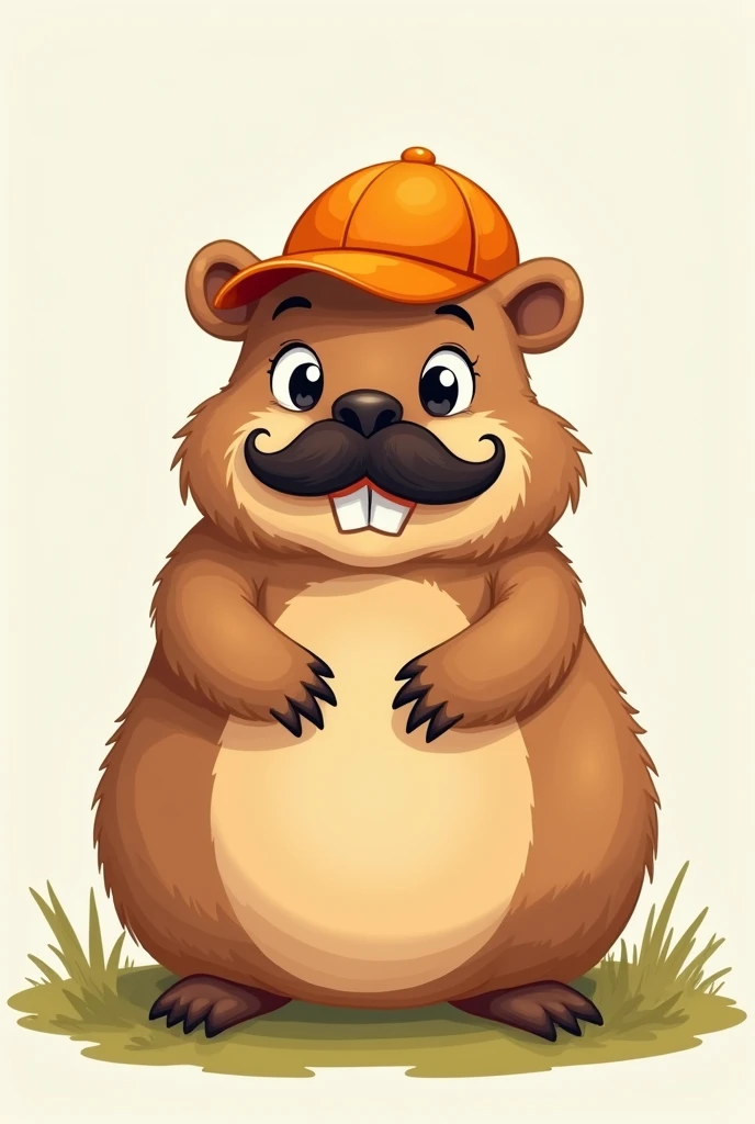 A cute capybara wearing a mustache and an orange cap cartoon drawing