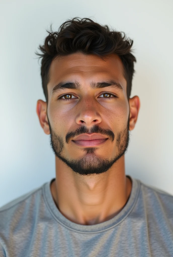 Agora crie um offwhite, Youngh, with a simple photo, front camera with a dress shirt. He is SDR, offwhite, hair cut like a football player, and the background must be a white wall. It must be extremely realistic. He must have a Brazilian look, simpler, with a thin and ugly beard. The photo must be at chest height.