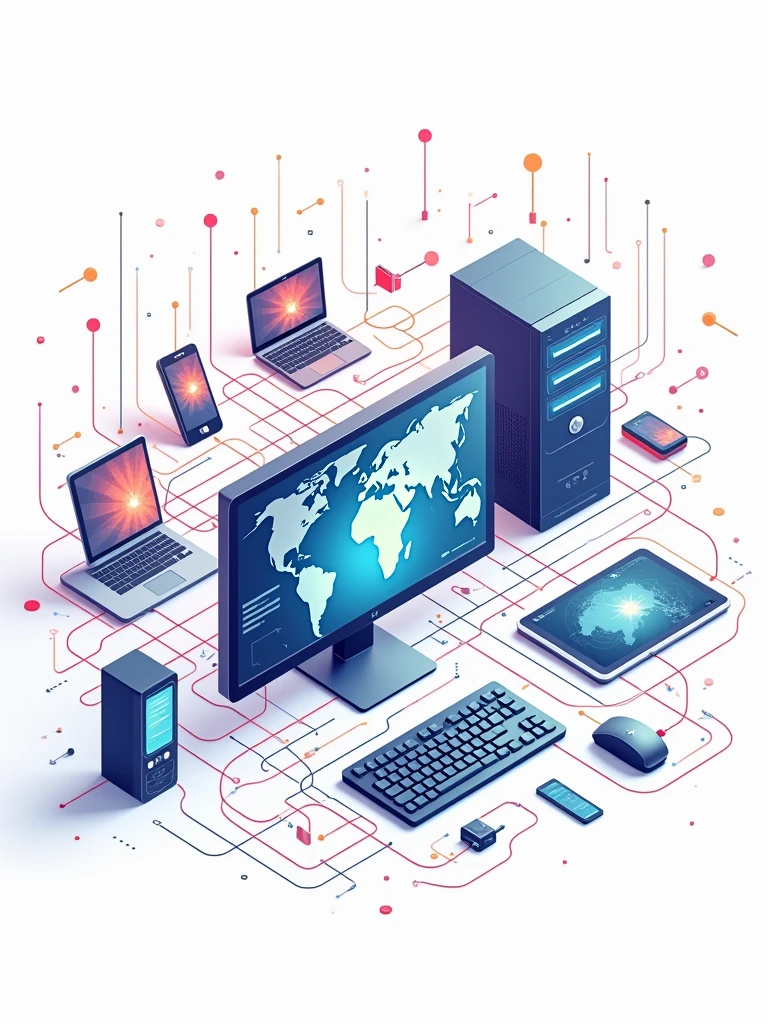 vector 2D illustration representing the World Wide Web, with an emphasis on interconnecting computers, brains, smartphones, tablets, and many other devices, intricate wired connections, vector illustration style, 2D illustration, plain and vibrant colors, white background,