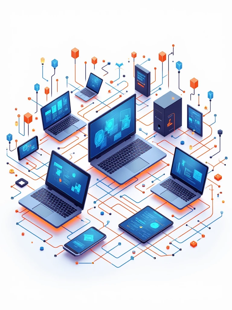 vector 2D illustration representing the World Wide Web, with an emphasis on interconnecting computers, brains, smartphones, tablets, and many other devices, intricate wired connections, vector illustration style, 2D illustration, plain and vibrant colors, white background,