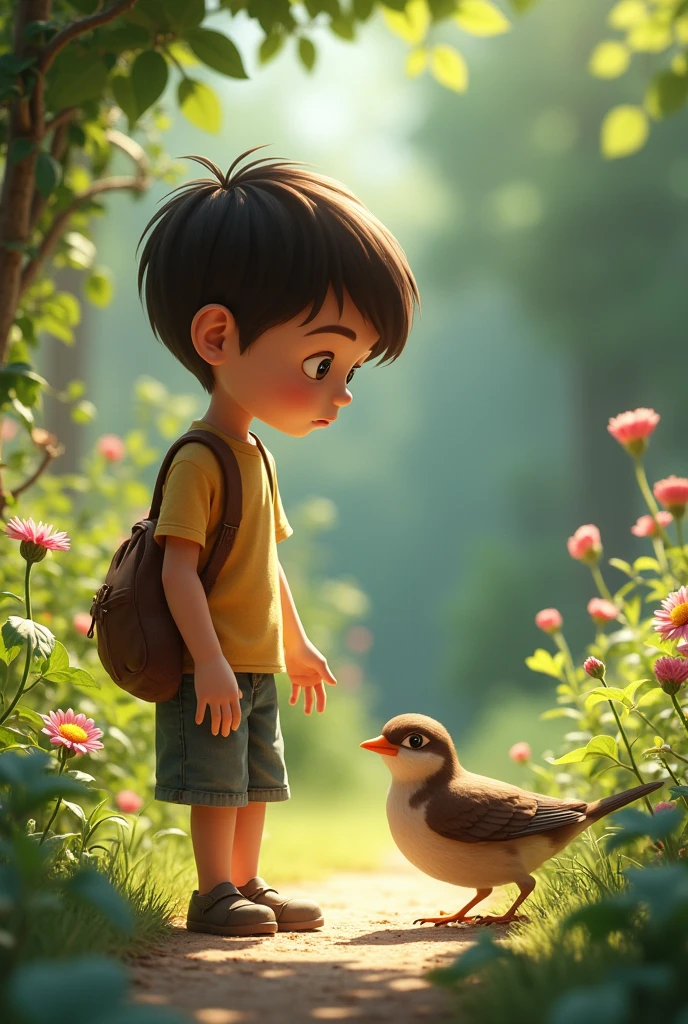 A young boy approaches a bird that has fallen on the ground in the garden.
