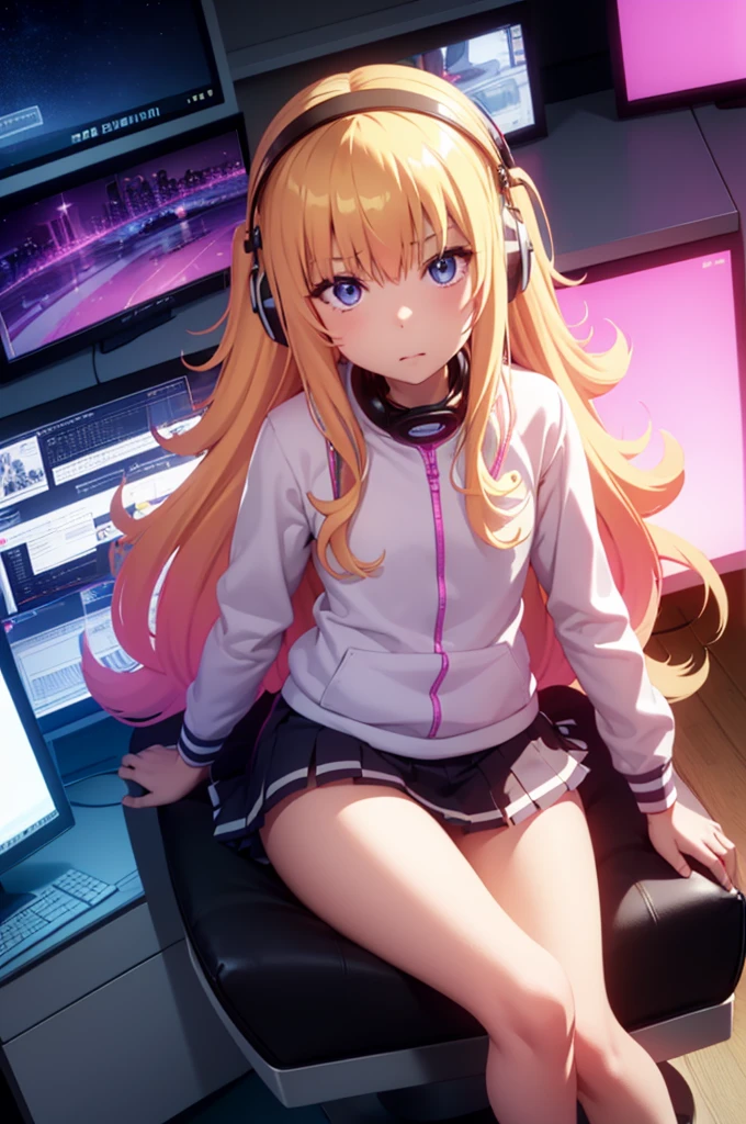 ultra realistic, girl, long blonde hair, headphones, sitting, slumped in an armchair, in a futuristic cabin, surrounded by monitors, and olographic screens , view from above, pink lights , flat chest, pre-adolescent. She looks with smug , mini-skirt , visible panties. open legs