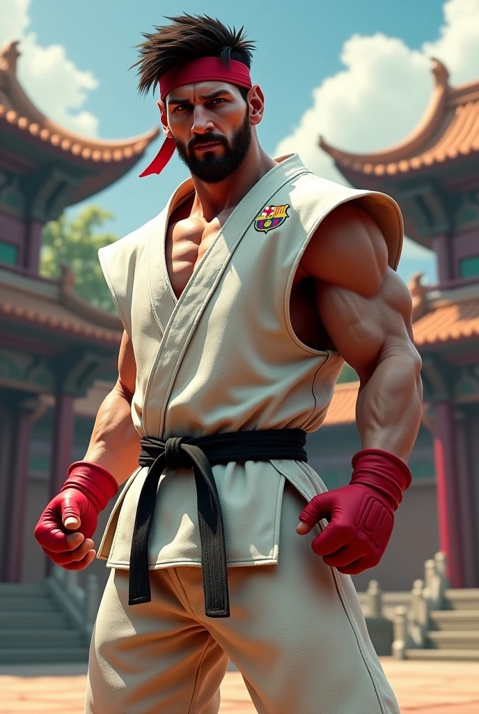 Make a fusion of Messi with Ryu from Street Fighter , replacing Barcelona&#39;s uniform with Ryu&#39;s, put a little more muscle and change the scenario to one from street fighter 