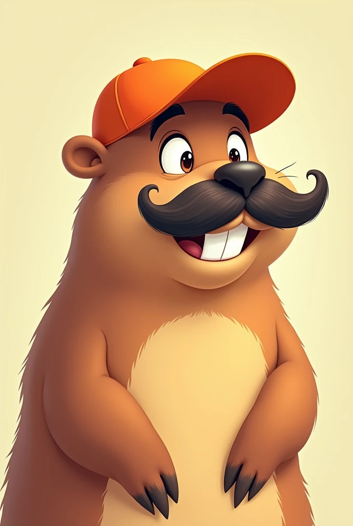 A male capybara wearing a mustache and an orange cap cartoon drawing