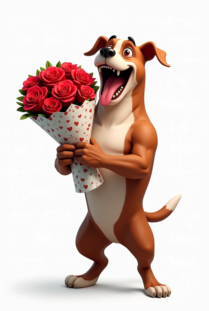 Can you create an image for me where a pitbull dog is laughing with its tongue hanging out on a white background but is standing on two legs holding a bouquet of roses wrapped in gift paper with hearts?  