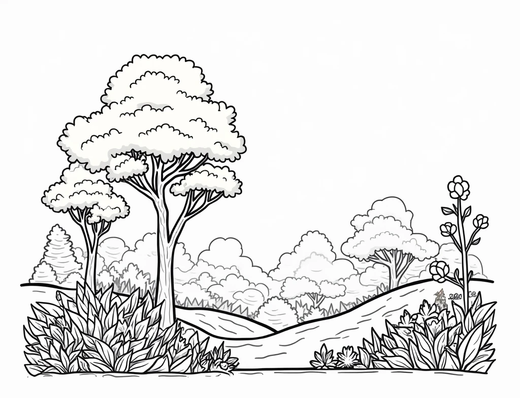 add more elements like trees and flowers to the previous drawing