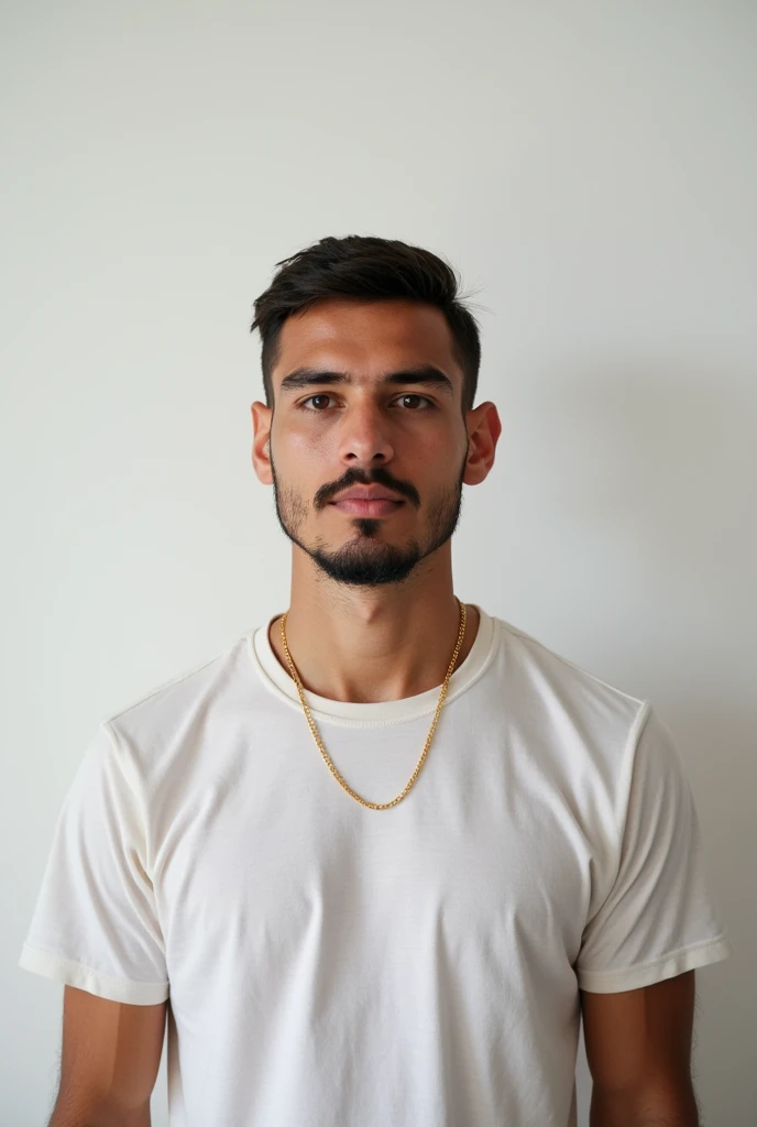 Agora crie um  offwhite, Youngh, with a simple photo, front camera with a dress shirt. He is SDR, offwhite, hair cut like a football player, and the background must be a white wall. It must be extremely realistic. He must have a Brazilian look, simpler, with a thin and ugly beard. The photo must be at the height of the abdomen.  
