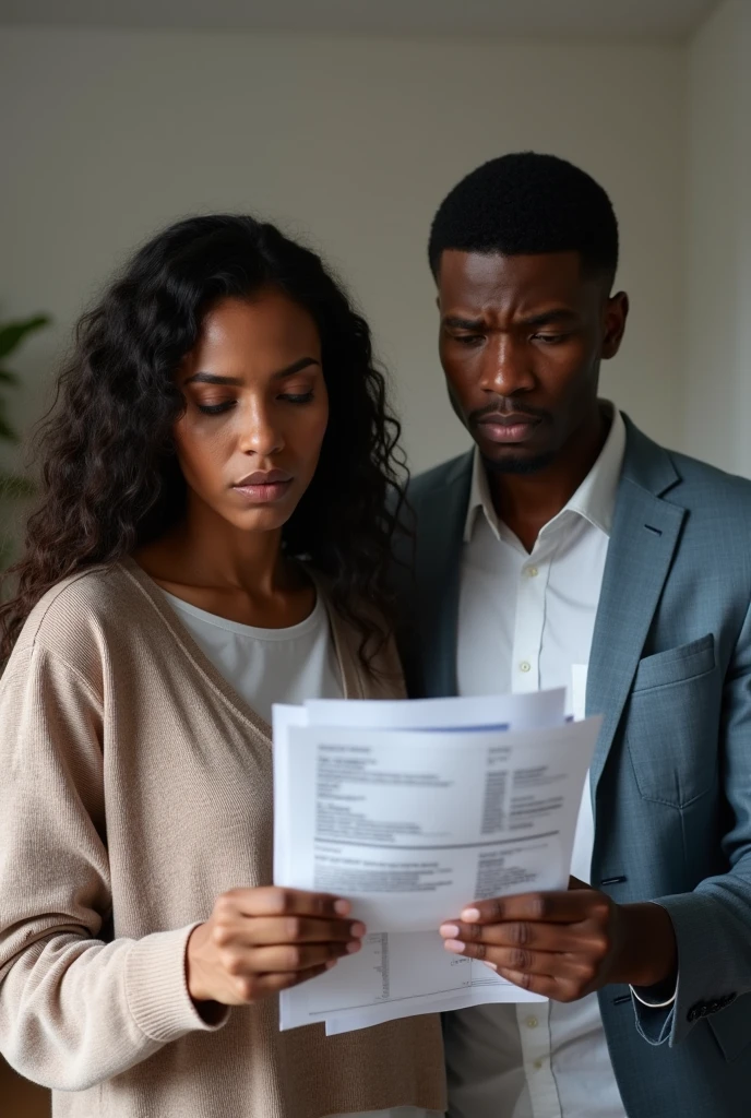 Photo of a black woman with long wavy hair in her 30s and her husband of about 3 worried about paying the bills, with the papers in hand