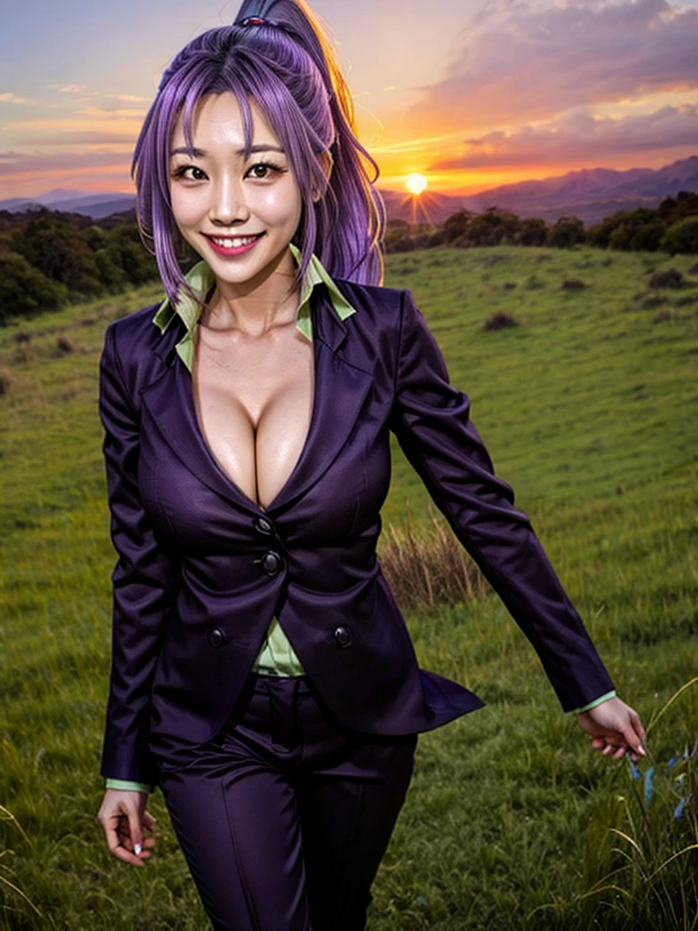 One person, Zion, Purple Hair, A single black horn grows from its forehead.,Large Breasts, suit, ponytail, Jacket, formal, pants, Are standing, sunset, grassland, Cleavage, alone, View your viewers, smile,