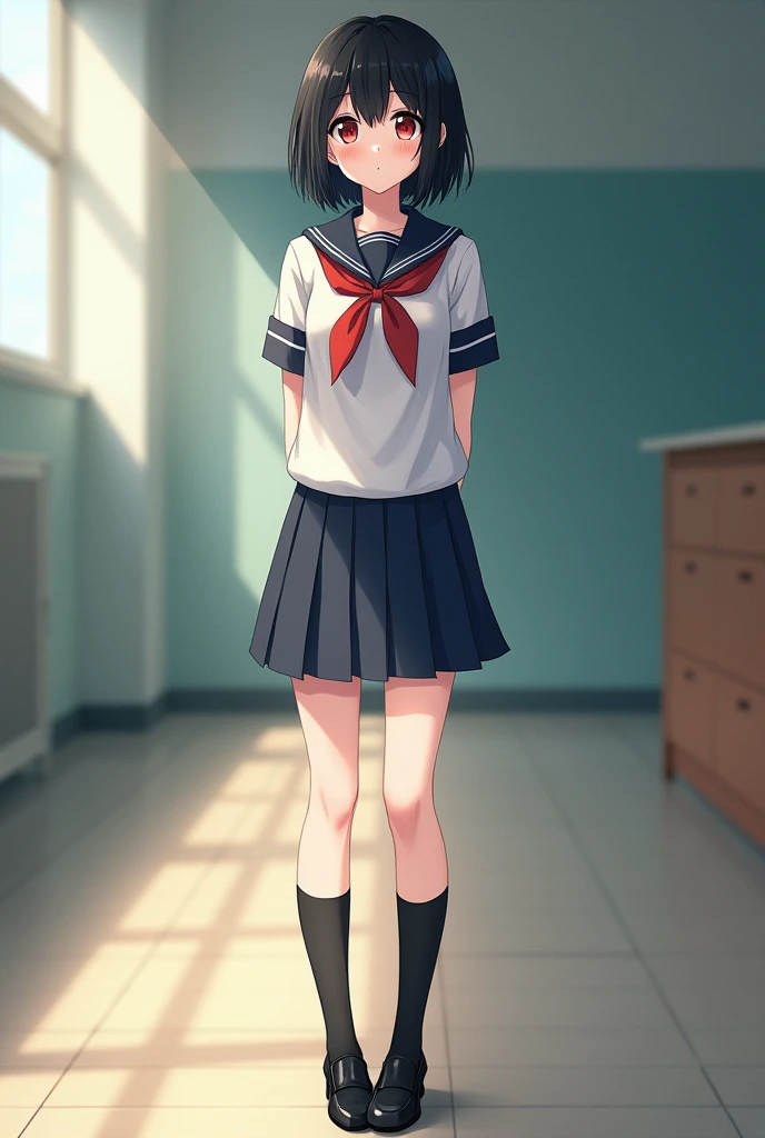 Standing by an empty school、high school girl、Black short hair、uniform、skirt,Deep red eyes、barefoot、Cool smile、Full body portrait,Black Loafers,Black socks