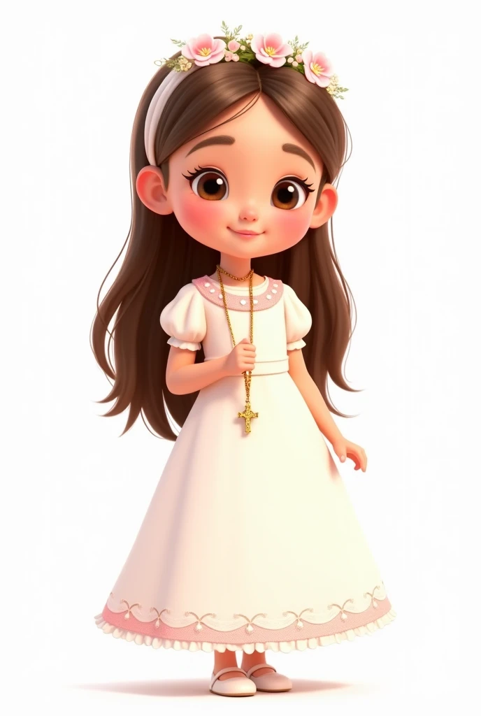 Make me a 2d Pixar style animated illustration,
on a white background of a girl with a sweet and simple style. The girl is dressed for a first communion, wearing a white dress with soft pink details. Her dress has puffed sleeves and a long skirt with small decorative edges at the bottom..
The girl has long brown hair, with a white headband adorned with pink and white flowers on one side. in his right hand, She holds a golden rosary chain that ends in a cross..
The overall style of the illustration is cute and adorable, with a smiling facial expression and big round eyes. The design is simple and lovely, evoking a sense of innocence and purity.