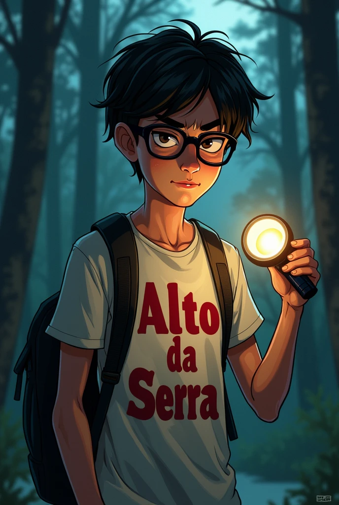 20-year-old brown man with a mysterious expression, older details on your face, he is in full body holding a flashlight and wearing a backpack, half finished with a sleepy face always, dark brown emo hair, thin and sedentary wearing glasses and looking like a nerd, It has a kind of dark academia style, Full-body image, with a summer camp t-shirt that says Alto da Serra in red,no back ground, dc comics art style
