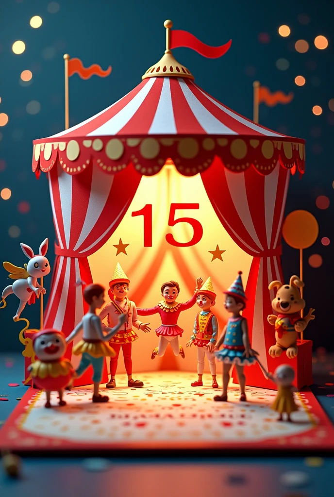 Design me a card with a 3D circus design. Including the following statements: My 15th Birthday, SOFI y 20/09/2024