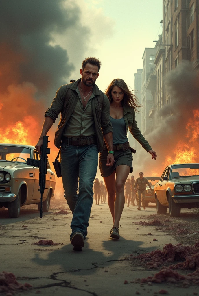 a man with the AK 47 with his hot wife running from ugly zombies during zombies apocalypse, destroyed and burning city background with burning cars and building