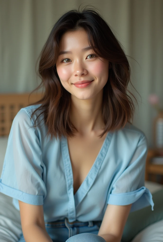 Create a highly realistic image of a young Asian woman in her early 20s. She has medium-length brown hair with soft waves, green eyes, and a warm smile. She’s wearing a casual outfit: a light blue blouse and jeans. The background is a bedroom with room light.