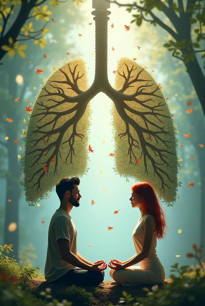 Image of a red-haired woman and a dark-haired man with 40cm long black hair and a goatee sitting down doing breathing techniques. Behind them is a beautiful image of a giant lung filled with delicate leaves and fluttering leaves..
I liked the image, but the man's hair must be long.