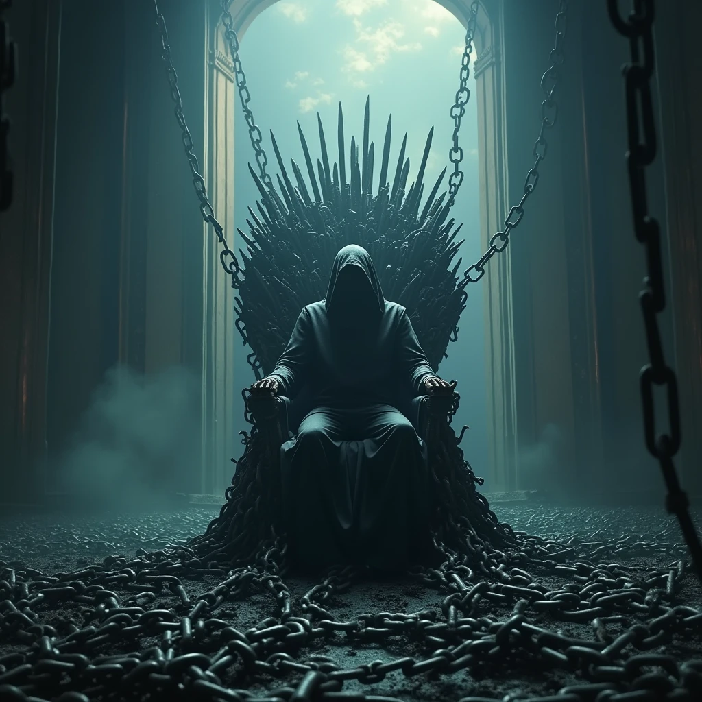 A throne composed of chains. Beautiful cinematic lighting, surreal, color graded, dynamic movement, captivating chiaroscuro, full body, award-winning, cinematic still, emotional, vignette, dynamic, vivid, (masterpiece, best quality, photorealistic, Professional, perfect composition, very aesthetic, absurdres, ultra-detailed, intricate details:1.3)