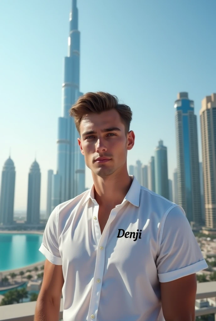 A 20-year-old young boy will stand in a beautiful place in Dubai and he will be handsome boy and white skin. His shirt will have DENJI written on it.
