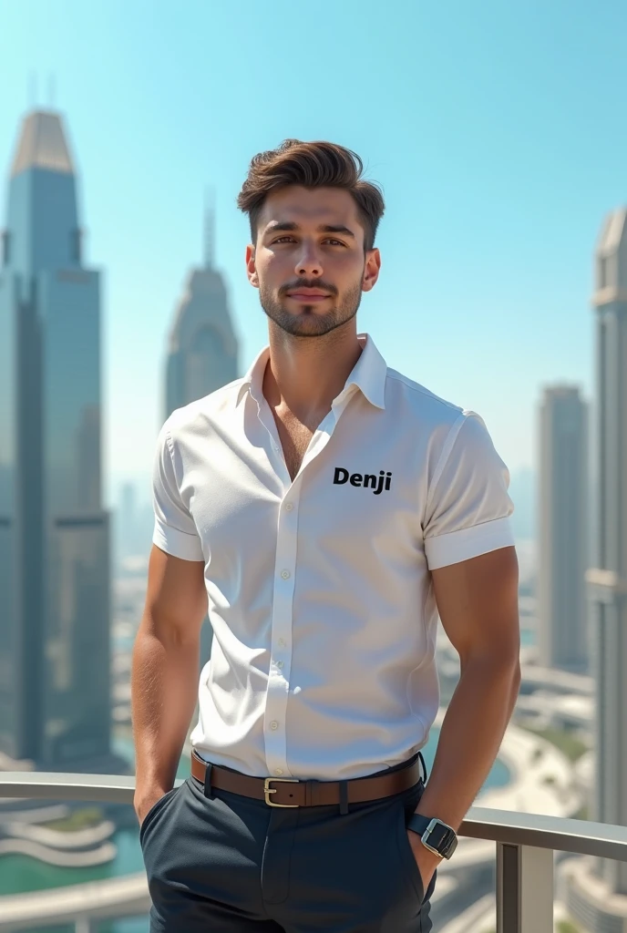 A 20-year-old young boy will stand in a beautiful place in Dubai and he will be handsome boy and white skin. His shirt will have DENJI written on it.
