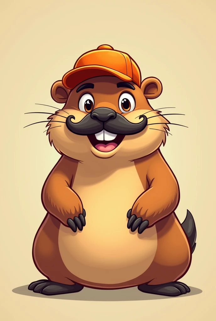 A male capybara wearing a mustache and an orange cap cartoon drawing