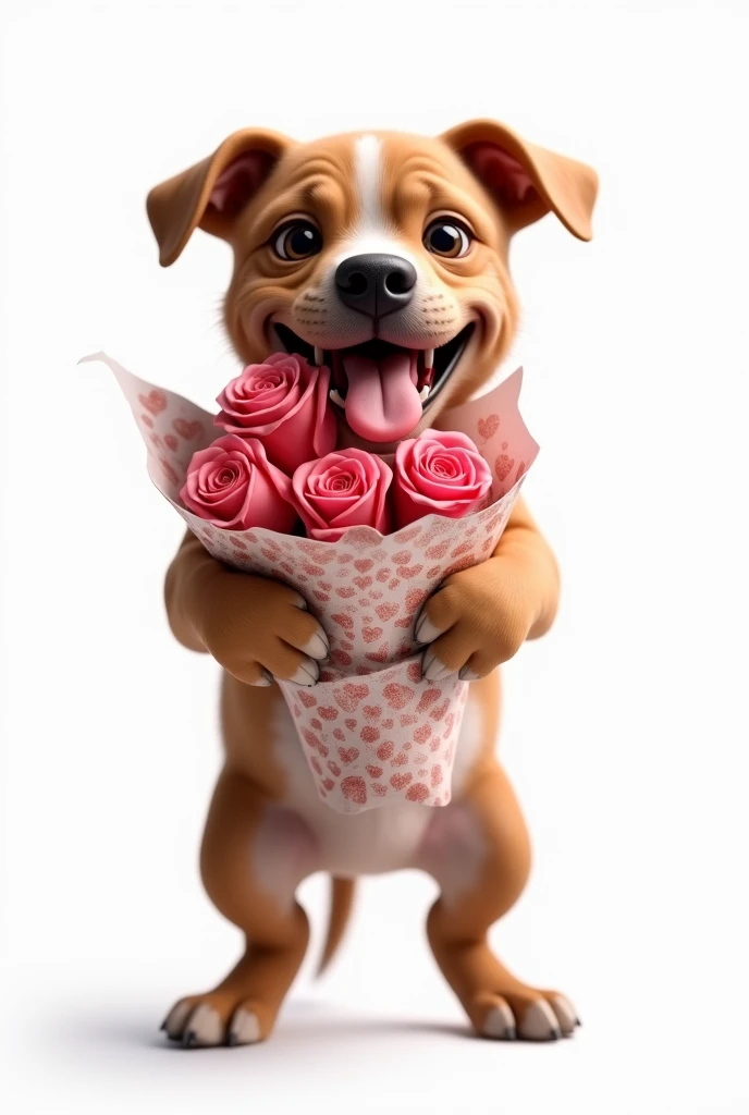 Can you create an image for me where a pitbull puppy is laughing with its tongue hanging out on a white background but is standing on two legs holding a bouquet of roses wrapped in gift paper with hearts?