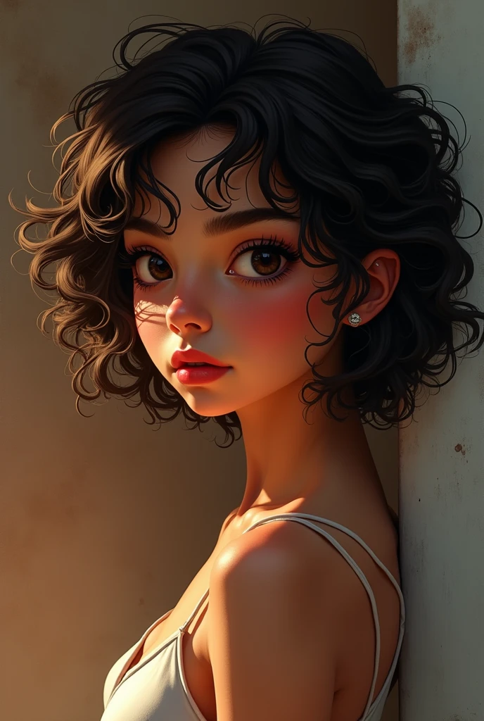A mixed girl with big lips,small nose and almond eyes with curly hair and fat thats a ager