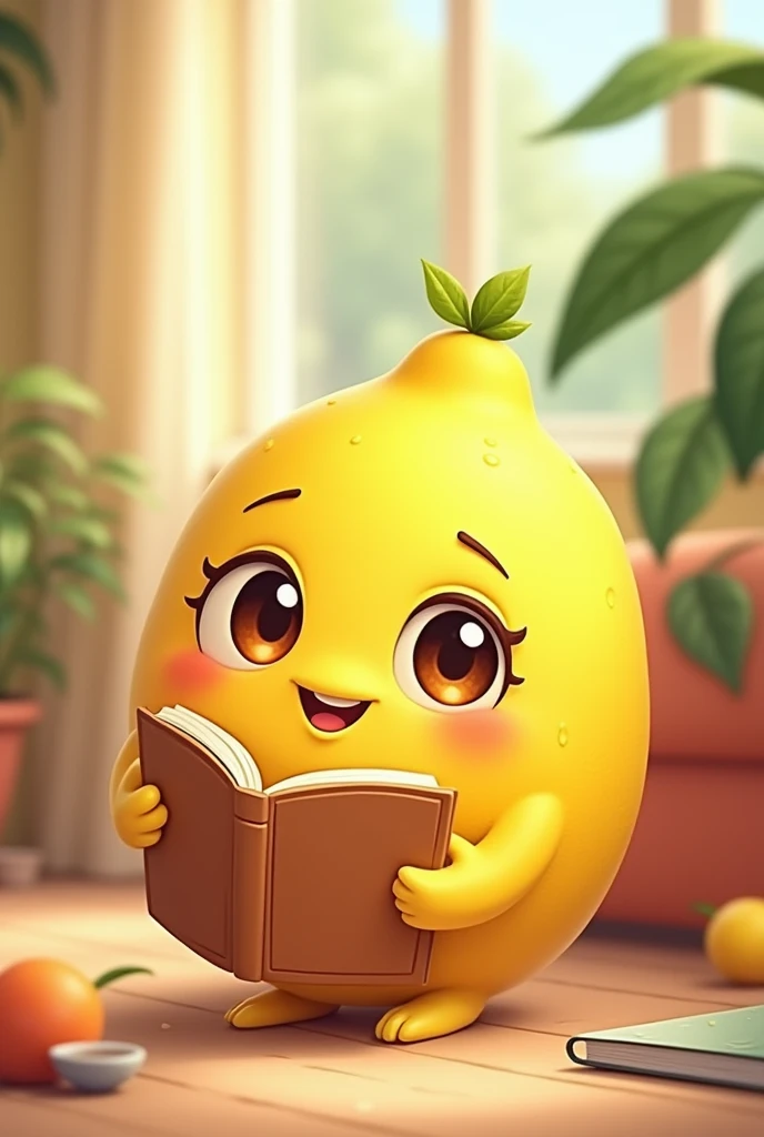 Create a cartoon-style lemon character with a thoughtful, inviting expression. The lemon should have a soft and cheerful appearance., with a vibrant yellow color. Your face must be expressive, with big, kind eyes and a contemplative smile that invites conversation. Add subtle details like a slightly furrowed brow in reflection or a small pair of friendly glasses. The character may be holding a book or sitting in a relaxed pose., emphasizing its reflective nature. The background should be welcoming and pleasant, with soft colors and simple, cozy elements, like a comfortable chair or a serene garden, to enhance the inviting personality of lemon.