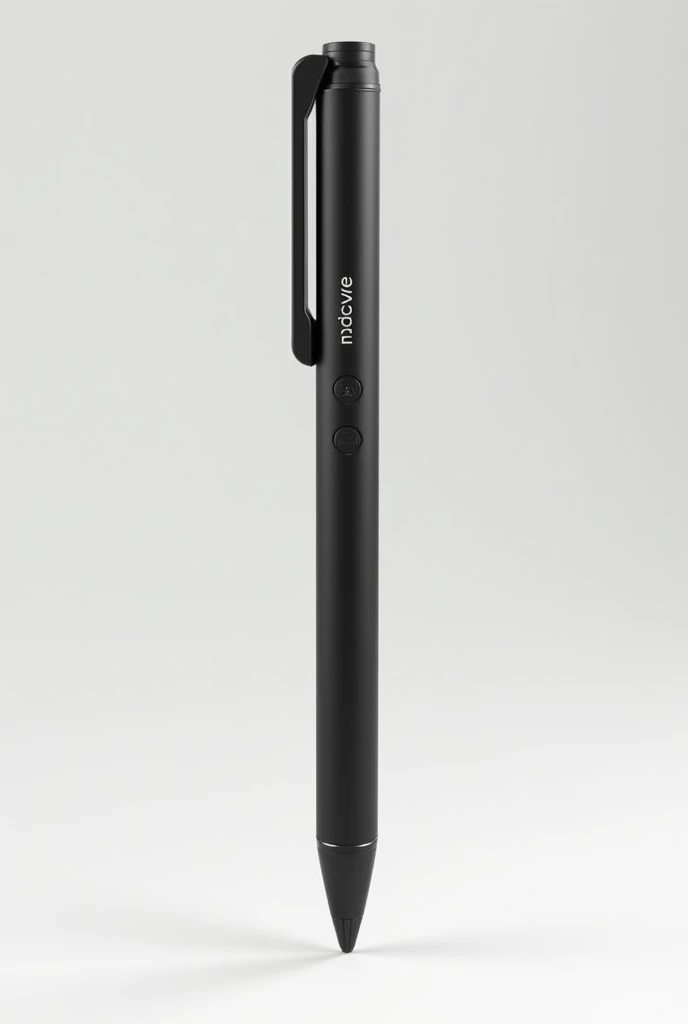 (photorealism:1.2) BLACK SLIM Graphic Tablet Pen, with a modern design, Ergonomic, that it is a little long and looks light, that has three flat touch-sensitive side buttons that are located near the tip, with a medium tip, and that has the name of the brand: "Inkwave"