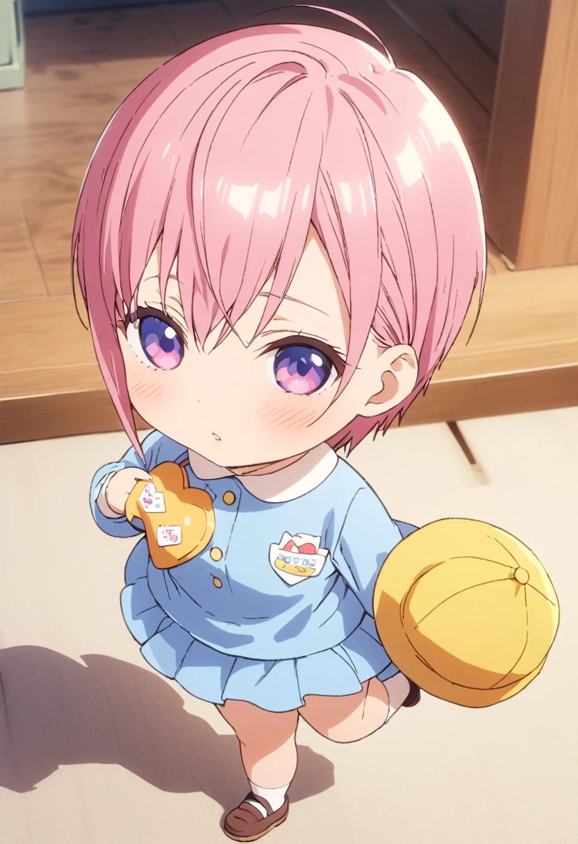 (Highest quality, 4K, 8k, High resolution, masterpiece:1.2), Very detailed, Picturesque, Animated Photography, Photo Animation:1.37)、Japanese schoolgirl、(Pink Hair)、(short hair)、stnding、(chibi:1.4),blue shirt,(kindergarten uniform:1.2),(yellow school hat:1.15),(blue skirt:1.1),(tulip-shaped name tag、いちか:1.05)、jumping、Full body photography、Nakano ichika