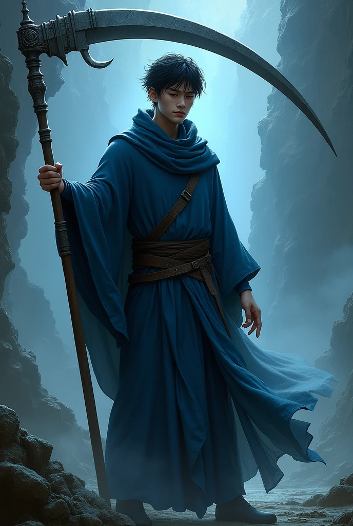 A half-elf wizard man with short black hair and bangs, dark blue tunic with a large scythe.
