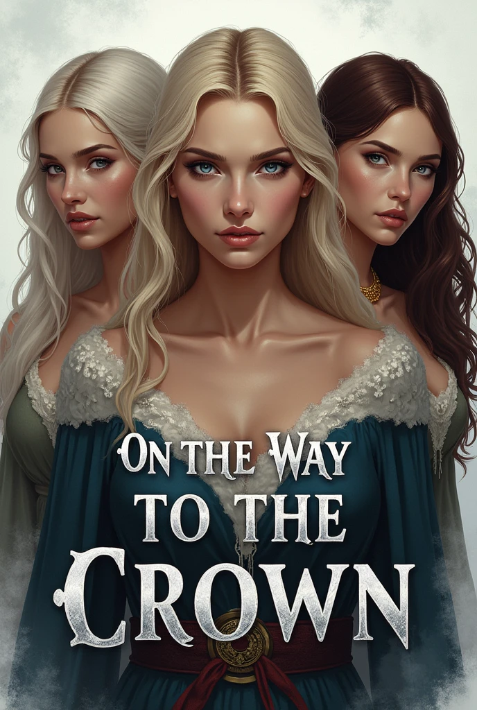 Create a book cover. The title of the book is "On the Way to the Crown". It's a medieval fantasy story. On the cover there should be three young women, one of them is blonde with blue eyes, the other one has platinum hair and the last one has brown hair. All three of them have hateful looks. A light cover, but dark in the part of the women's image. a super realistic image. Make them have different faces and their hair is different and THERE ARE THREE WOMEN. Make the title bigger and with the book background silver