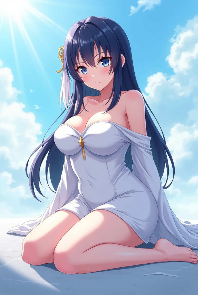 angelic style anime girl,with a voluptuous body and a large bust in a white dress with low necklines and bare shoulders. Long dark blue hair with a white lock. sky blue eyes and an angry look looking up while sitting on the floor