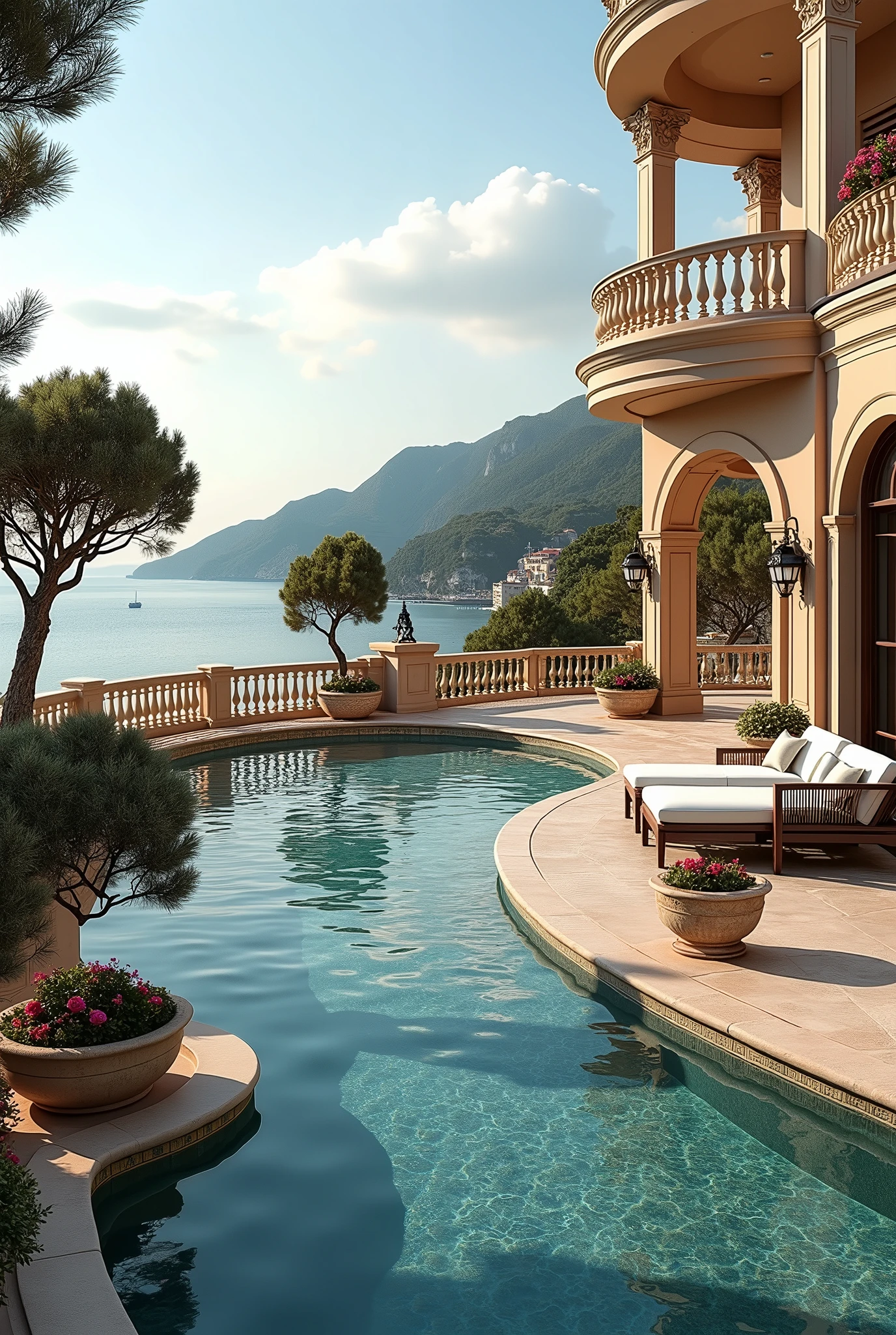 (masterpiece:1.2, Highest quality, Ultra-high resolution, Very detailed, Realistic, RAW Photos:1.2, Elaborate photos), 8k, wallpaper, (Ray Tracing), French Riviera mansion, (Spacious terrace with ornate balustrades, Elegant outdoor seating with plush cushions, Infinity pool with a mosaic tile edge, Sculpted topiaries, Flower-filled urns, Mediterranean Sea in the background), A photo that embodies the luxurious lifestyle of the French Riviera, with the terrace adorned with elegant lanterns, potted olive trees, and chic decor, offering breathtaking views.