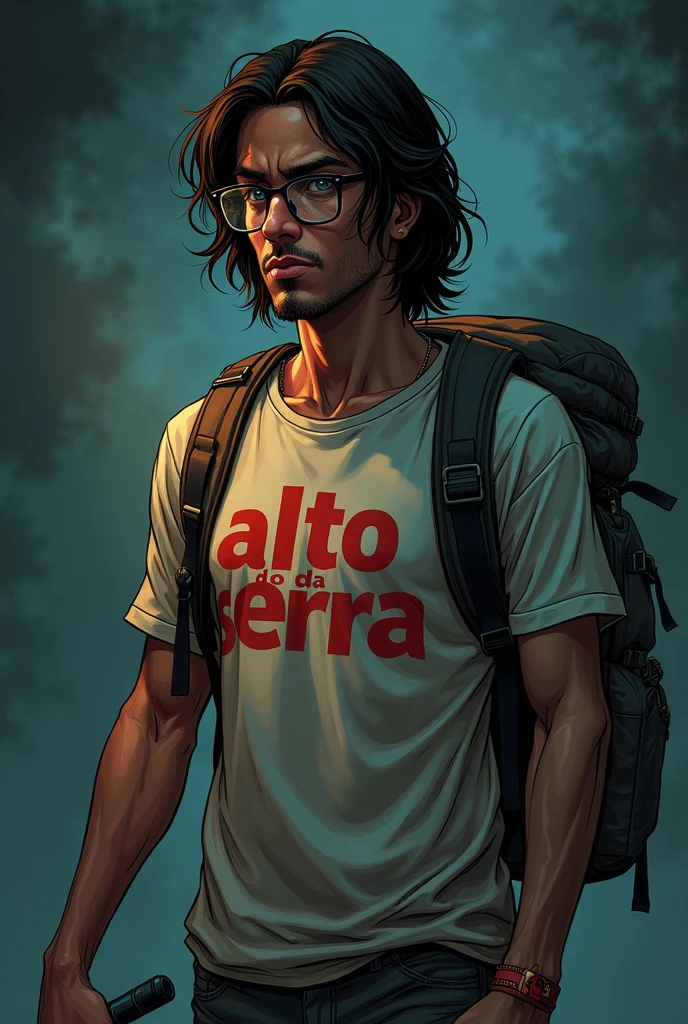 20-year-old brown man with a mysterious expression, older details on your face, he is in full body holding a flashlight and wearing a backpack, half finished with a sleepy face always, medium long dark brown hair, thin and sedentary wearing glasses and looking like a nerd, It has a kind of dark academia style, Full-body image, with a summer camp t-shirt that says Alto da Serra in red,no back ground, dc comics art style