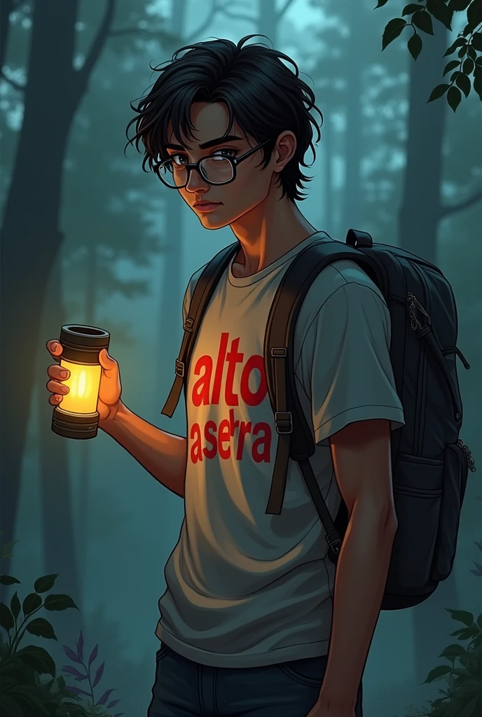 20-year-old brown man with a mysterious expression, older details on your face, he is in full body holding a flashlight and wearing a backpack, half finished with a sleepy face always, medium long dark brown hair, thin and sedentary wearing glasses and looking like a nerd, It has a kind of dark academia style, Full-body image, with a summer camp t-shirt that says Alto da Serra in red,no back ground, dc comics art style