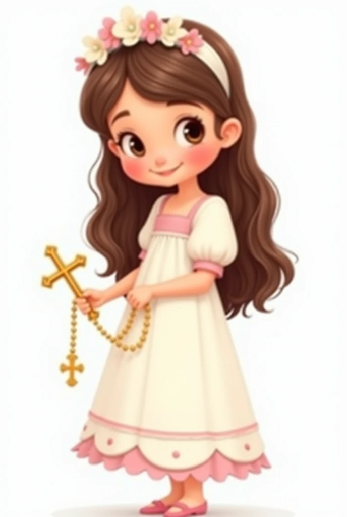 Make me a 2d Pixar style animated illustration,
on a white background of a girl with a sweet and simple style. The girl is dressed for a first communion, wearing a white dress with soft pink details. Her dress has puffed sleeves and a long skirt with small decorative edges at the bottom..
The girl has long brown hair, with a white headband adorned with pink and white flowers on one side. in his right hand, She holds a golden rosary chain that ends in a cross..
The overall style of the illustration is cute and adorable, with a smiling facial expression and big round eyes. The design is simple and lovely, evoking a sense of innocence and purity.