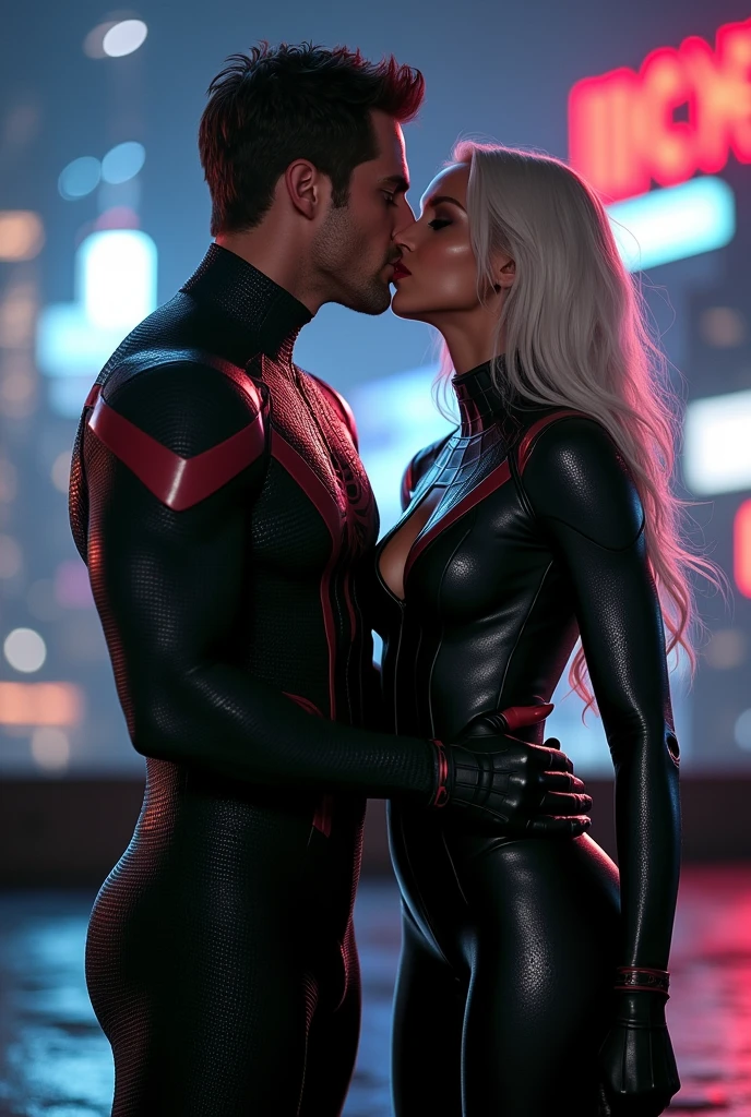 A stunning portrait of muscular Peter Parker in his black suit and white suit, symbiote suit, kissing, French kiss, passionate kiss, Felicia Hardy as the marvel character Black Cat, young and beautiful, hyper realistic, real portrait, backlit, exquisite features, cleavage, sexy, seductive, her hair is white, she is wearing a black leather body suit unzipped to her belly button, location is city rooftop at night. Neon lights, large breasts, athletic body, narrow waist, wide hips, Spider-Man’s suit is only black and white, he is not wearing his mask, Peter Parker