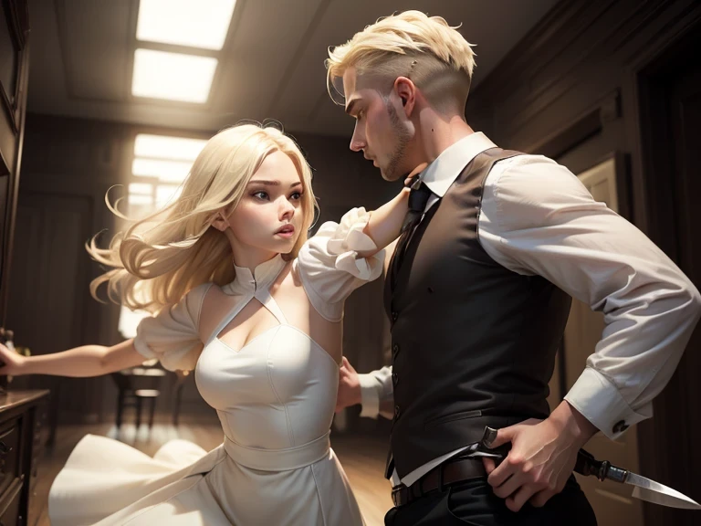 woman blonde with average hair of drees white with one knife in hands fight with man blonde