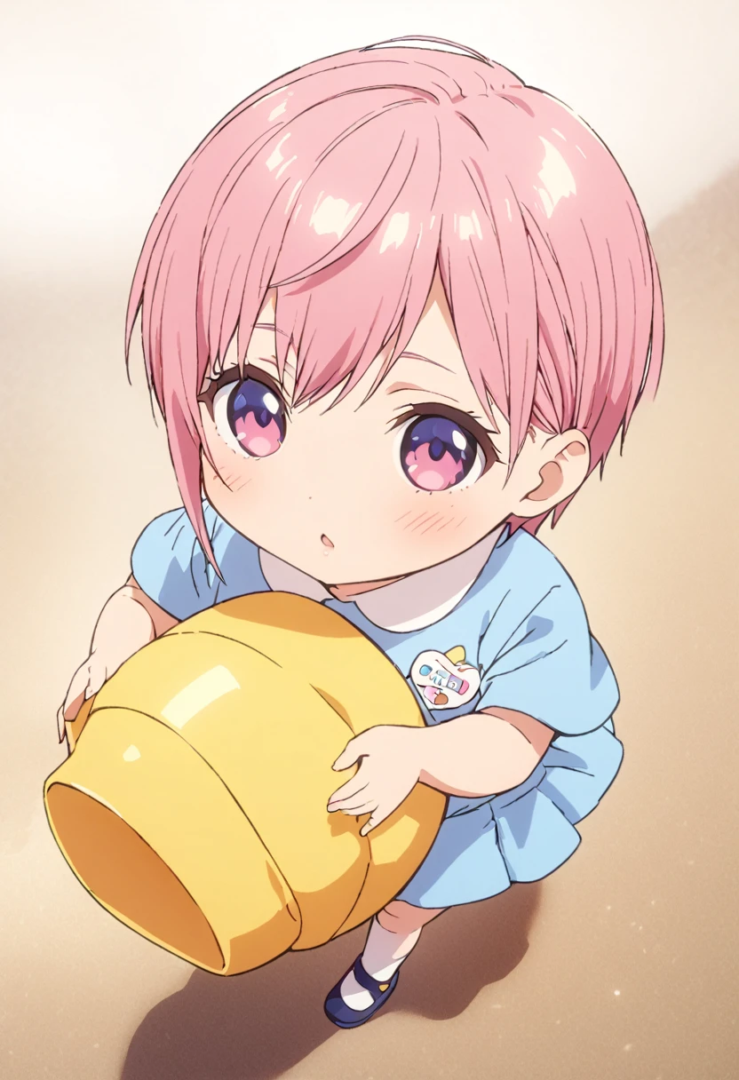 (Highest quality, 4K, 8k, High resolution, masterpiece:1.2), Very detailed, Picturesque, Animated Photography, Photo Animation:1.37)、Japanese schoolgirl、(Pink Hair)、(short hair)、stnding、(chibi:1.4),blue shirt,(kindergarten uniform:1.2),(yellow school hat:1.15),(blue skirt:1.1),(tulip-shaped name tag、いちか:1.05)、flying、Full body photography、Nakano ichika
