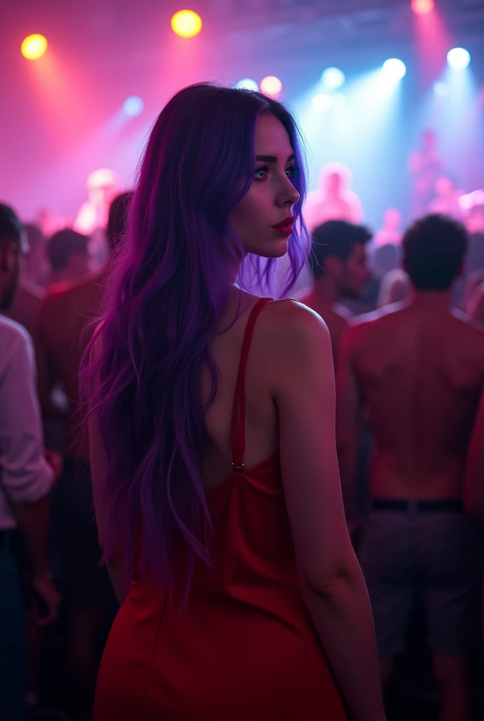 English woman,20 year, very white light skin,sparkling green eyes,long dark purple hair,red short dress,strong makeup,scenario show night party club,she is in the middle of the crowd watching the show on stage,back to the image,cinema image,品質,full body images,detailed,Photography