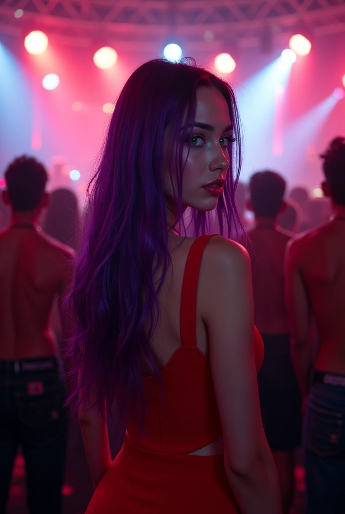English woman,20 year, very white light skin,sparkling green eyes,long dark purple hair,red short dress,strong makeup,scenario show night party club,she is in the middle of the crowd watching the show on stage,back to the image,cinema image,品質,full body images,detailed,Photography