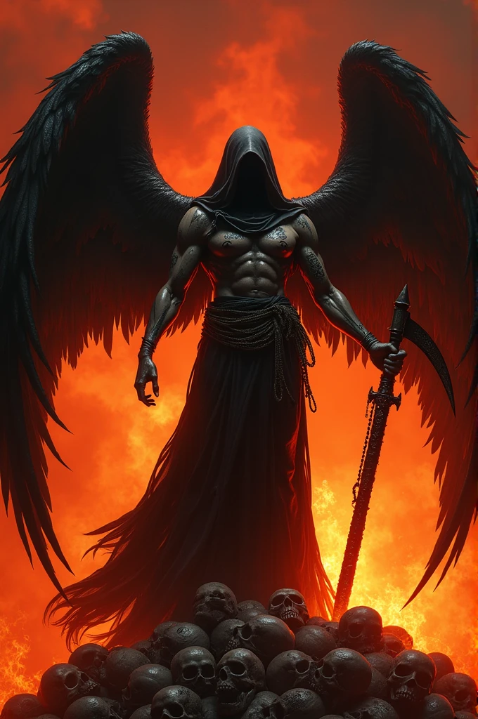 (masterpiece, 8k, UHD, photorealistic: 1.3), Angel of death, (Shiny ebony wings: 1.4), imposing, holding a (elegant scythe: 1.2) in his grip, cold steel, reflected flames, standing on, (mound of skulls: 1.3), empty eye sockets, whispers of past souls, burning background, raging hell, dancing flames, silhouetted the figure, billowing smoke, crimson tone, intimidating presence, sinister atmosphere, dynamic angle, side view, deep shadows, intricate details on wings and neck tattoos,chest , arms,hips, English and legs , She only wore a small cloth that partially covered her pubis, revealing her abundant and long pubic hair., sus chests perfectos turgentes duros talla 160 son muy grandes con forma de barco turgentes hacia arriba, Take a photo from bottom to top, good natural lighting, Fire comes out from within through the tattoos.