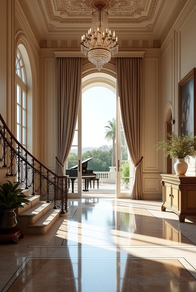 (masterpiece:1.2, Highest quality, Ultra-high resolution, Very detailed, Realistic, RAW Photos:1.2, Elaborate photos), 8k, wallpaper, (Ray Tracing), French Riviera mansion, (Grand entrance hall with polished marble floors, Sweeping staircase with ornate wrought-iron railings, Crystal chandelier casting light reflections, Antique console tables with decorative vases, Large arched windows draped with luxurious curtains), A photo capturing the elegance and grandeur of the mansion’s entrance, featuring intricate ceiling moldings, a grand piano, and a gallery of classic artwork along the walls.