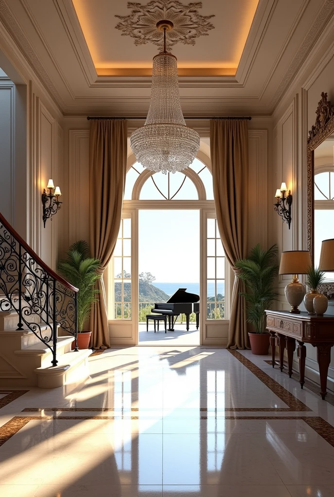 (masterpiece:1.2, Highest quality, Ultra-high resolution, Very detailed, Realistic, RAW Photos:1.2, Elaborate photos), 8k, wallpaper, (Ray Tracing), French Riviera mansion, (Grand entrance hall with polished marble floors, Sweeping staircase with ornate wrought-iron railings, Crystal chandelier casting light reflections, Antique console tables with decorative vases, Large arched windows draped with luxurious curtains), A photo capturing the elegance and grandeur of the mansion’s entrance, featuring intricate ceiling moldings, a grand piano, and a gallery of classic artwork along the walls.