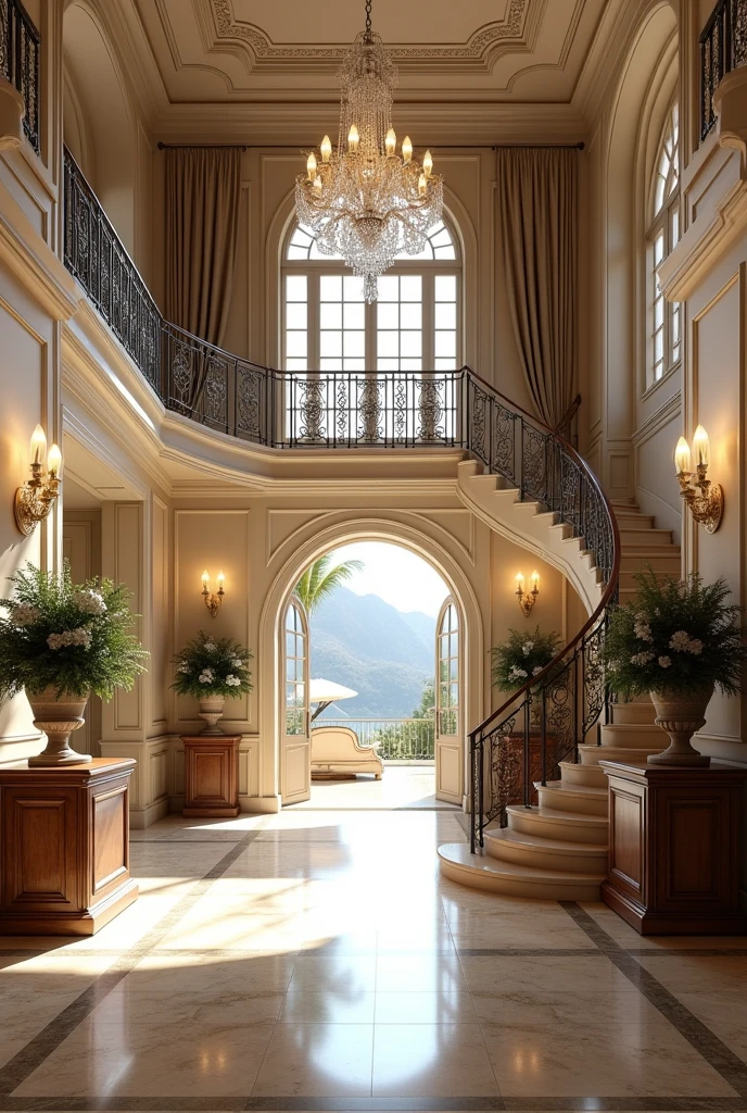 (masterpiece:1.2, Highest quality, Ultra-high resolution, Very detailed, Realistic, RAW Photos:1.2, Elaborate photos), 8k, wallpaper, (Ray Tracing), French Riviera mansion, (Grand entrance hall with polished marble floors, Sweeping staircase with ornate wrought-iron railings, Crystal chandelier casting light reflections, Antique console tables with decorative vases, Large arched windows draped with luxurious curtains), A photo capturing the elegance and grandeur of the mansion’s entrance, featuring intricate ceiling moldings, a grand piano, and a gallery of classic artwork along the walls.